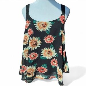 Philosophy Sunflower Floral Tank Top Black Sheer Strap M